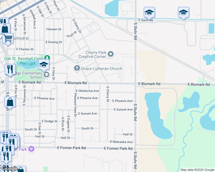 map of restaurants, bars, coffee shops, grocery stores, and more near 716 South Cherry Street in Grand Island