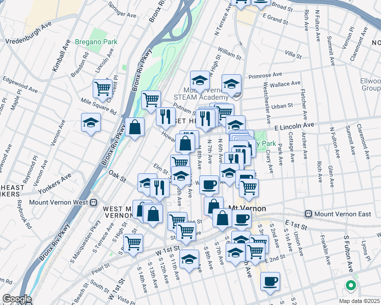 map of restaurants, bars, coffee shops, grocery stores, and more near 136 North 9th Avenue in Mount Vernon