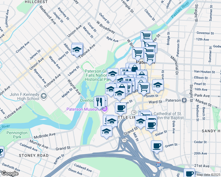 map of restaurants, bars, coffee shops, grocery stores, and more near 111 Jersey Street in Paterson