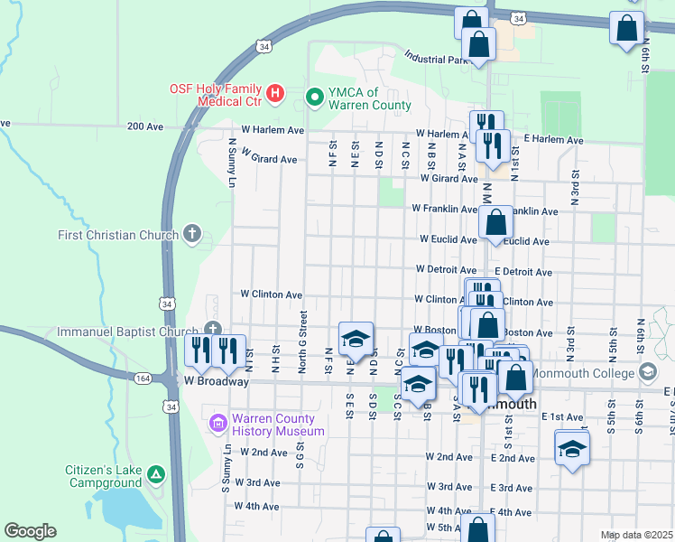 map of restaurants, bars, coffee shops, grocery stores, and more near 403 North F Street in Monmouth