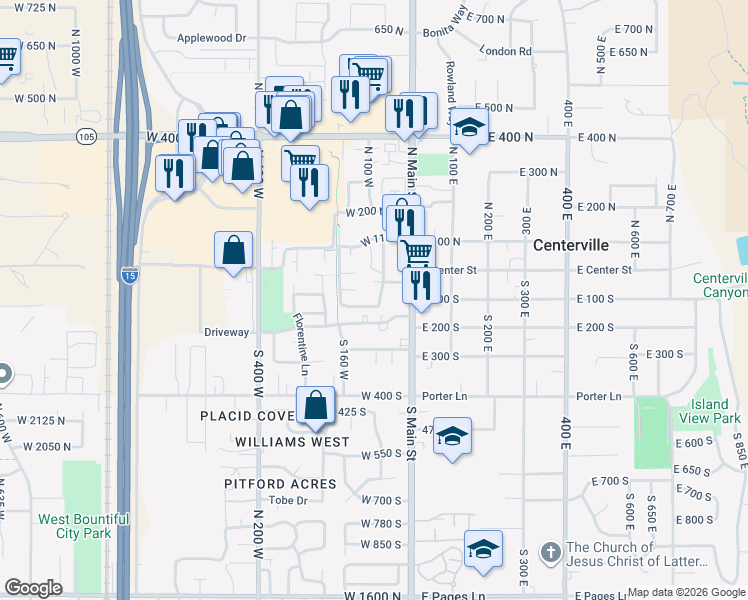 map of restaurants, bars, coffee shops, grocery stores, and more near 88 West 50 South in Centerville