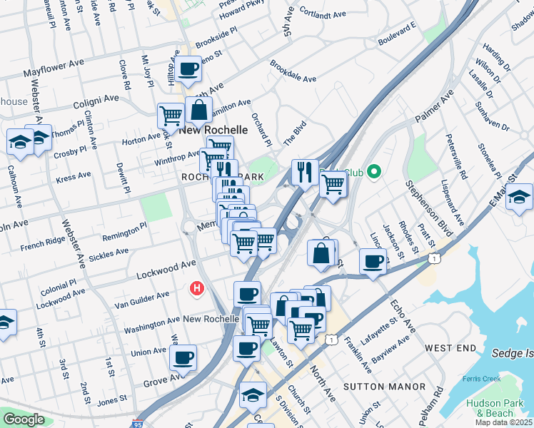 map of restaurants, bars, coffee shops, grocery stores, and more near 29 Park Place in New Rochelle