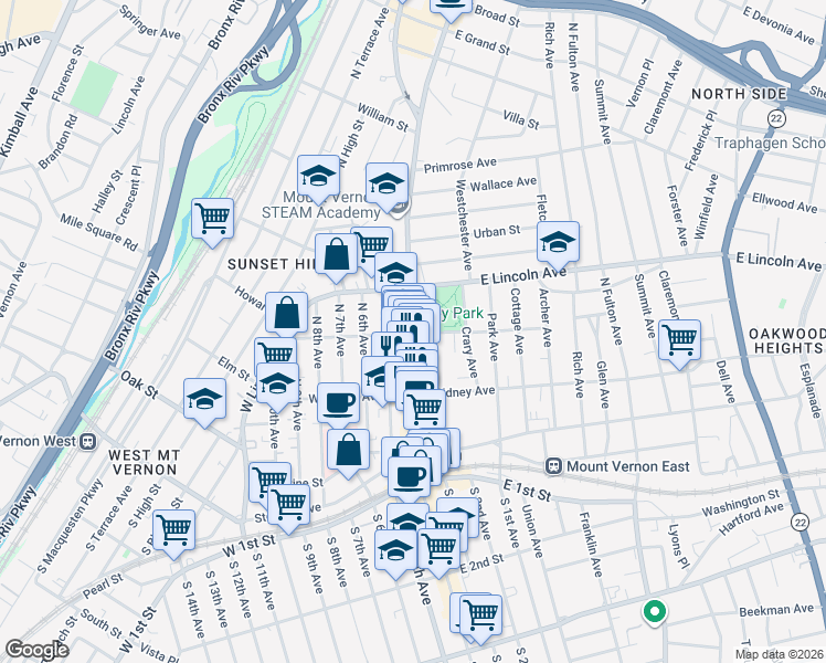 map of restaurants, bars, coffee shops, grocery stores, and more near 180 Gramatan Avenue in Mount Vernon