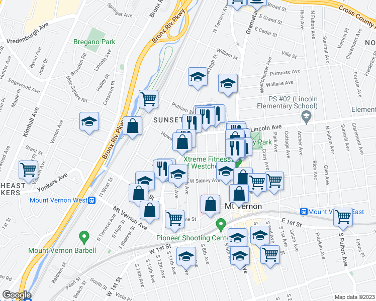 map of restaurants, bars, coffee shops, grocery stores, and more near 136 North 9th Avenue in Mount Vernon