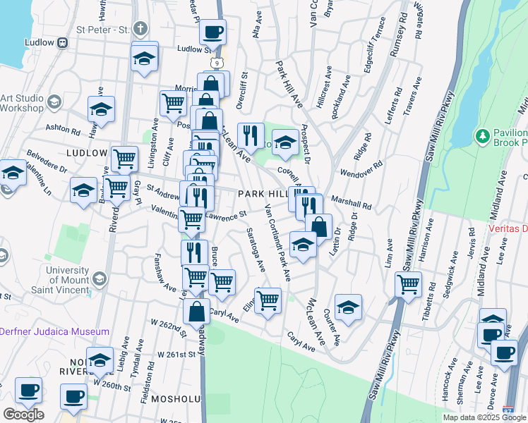 map of restaurants, bars, coffee shops, grocery stores, and more near 497 Van Cortlandt Park Avenue in Yonkers