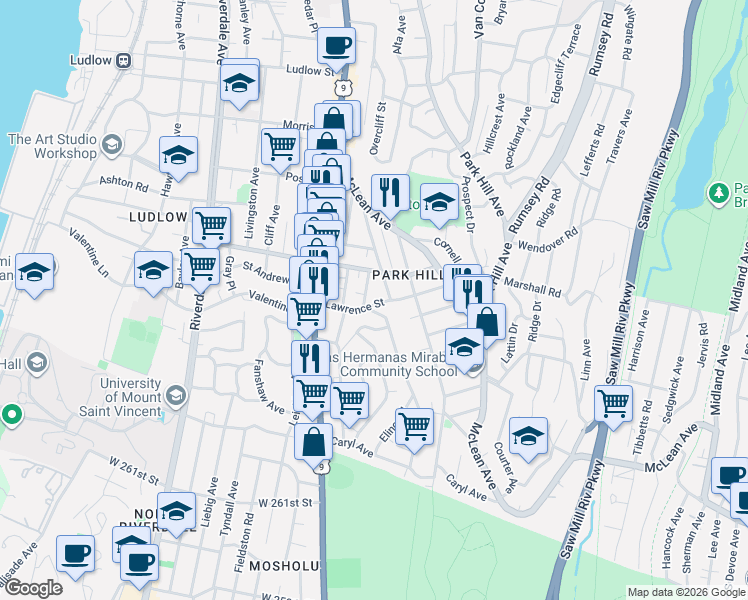 map of restaurants, bars, coffee shops, grocery stores, and more near 4 Landscape Avenue in Yonkers