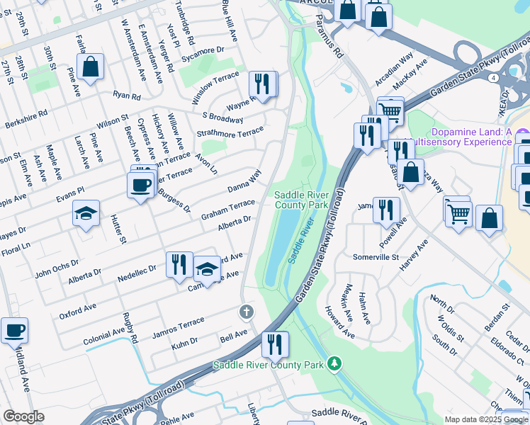 map of restaurants, bars, coffee shops, grocery stores, and more near 718 Saddle River in Saddle Brook