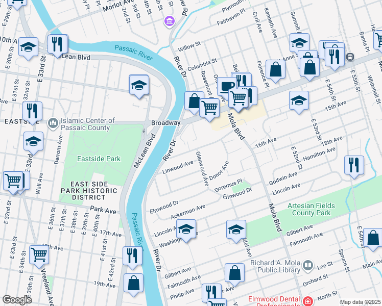 map of restaurants, bars, coffee shops, grocery stores, and more near 42 Linwood Avenue in Elmwood Park