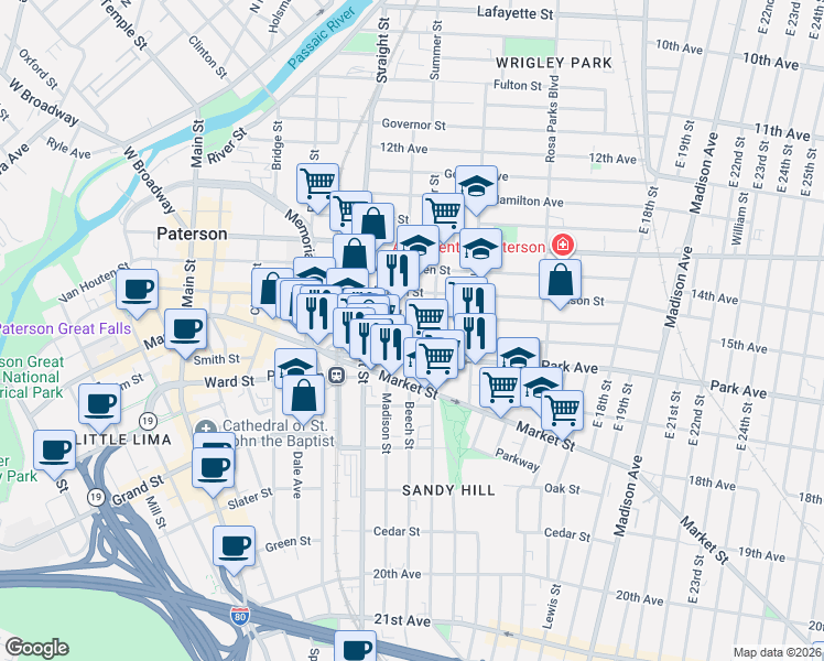 map of restaurants, bars, coffee shops, grocery stores, and more near 51/57 Park Avenue in Paterson