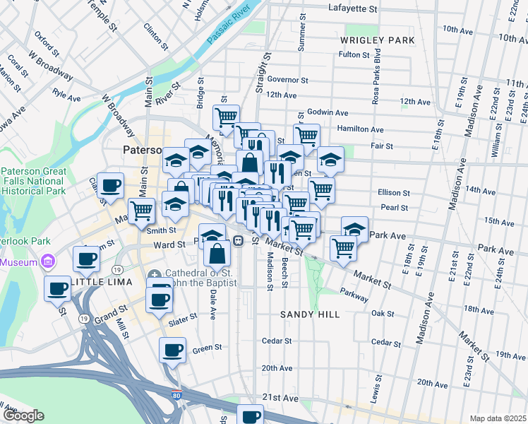map of restaurants, bars, coffee shops, grocery stores, and more near 21 Park Avenue in Paterson