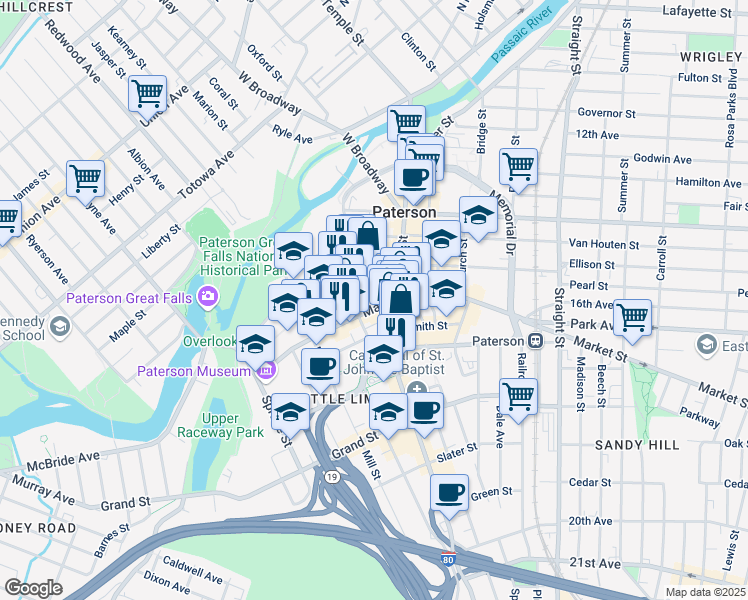 map of restaurants, bars, coffee shops, grocery stores, and more near 74 Market Street in Paterson