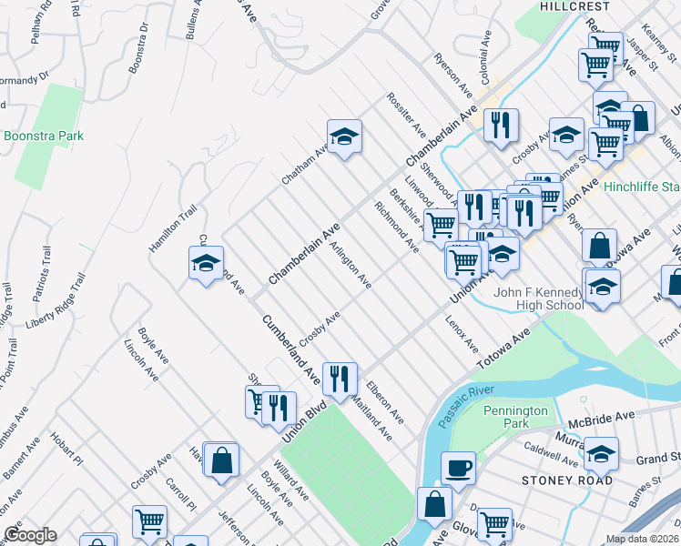 map of restaurants, bars, coffee shops, grocery stores, and more near 174 Emerson Avenue in Paterson