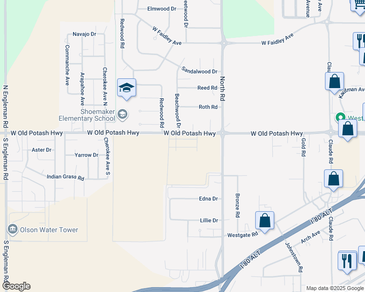 map of restaurants, bars, coffee shops, grocery stores, and more near 104 Beachwood Drive in Grand Island
