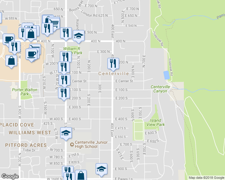 map of restaurants, bars, coffee shops, grocery stores, and more near 101 400 East in Centerville
