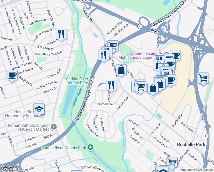 map of restaurants, bars, coffee shops, grocery stores, and more near 106 Whittman Street in Rochelle Park