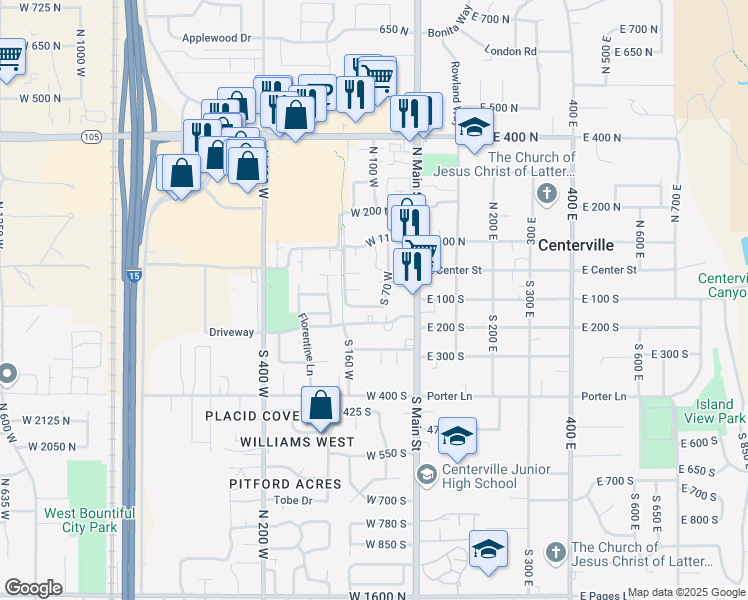 map of restaurants, bars, coffee shops, grocery stores, and more near 88 West 50 South in Centerville