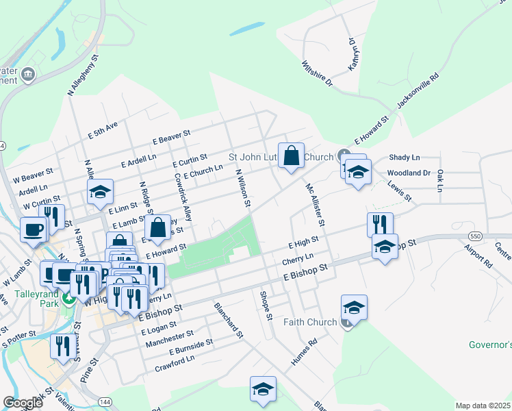 map of restaurants, bars, coffee shops, grocery stores, and more near 465 East Howard Street in Bellefonte