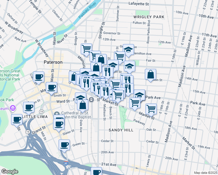 map of restaurants, bars, coffee shops, grocery stores, and more near 63 16th Avenue in Paterson