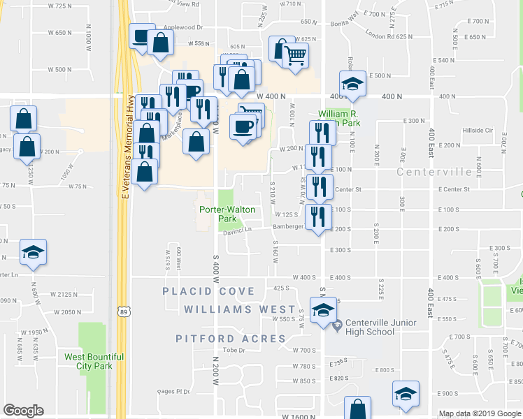 map of restaurants, bars, coffee shops, grocery stores, and more near Cara Vella Lane in Centerville
