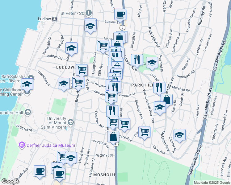 map of restaurants, bars, coffee shops, grocery stores, and more near 490 South Broadway in Yonkers