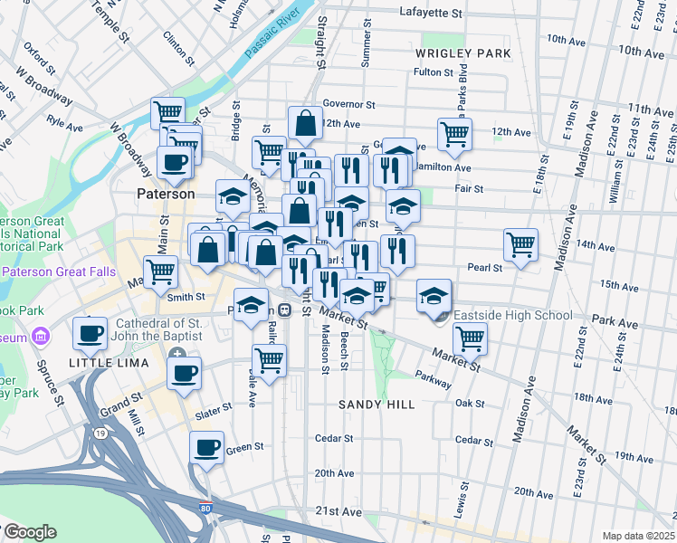 map of restaurants, bars, coffee shops, grocery stores, and more near 63 16th Avenue in Paterson