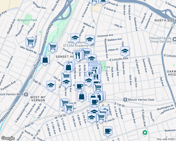 map of restaurants, bars, coffee shops, grocery stores, and more near 223 North 6th Avenue in Mount Vernon