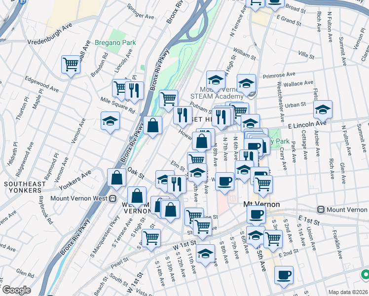 map of restaurants, bars, coffee shops, grocery stores, and more near 26 Howard Street in Mount Vernon