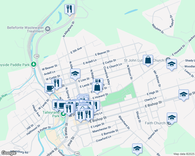 map of restaurants, bars, coffee shops, grocery stores, and more near 324 East Linn Street in Bellefonte
