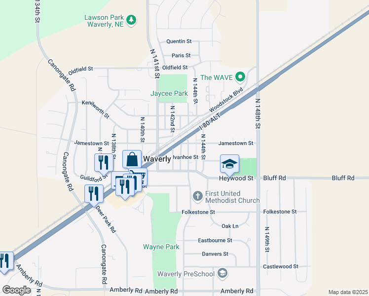 map of restaurants, bars, coffee shops, grocery stores, and more near 10741 North 142nd Street in Waverly