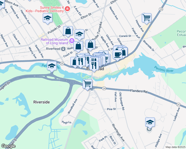 map of restaurants, bars, coffee shops, grocery stores, and more near 38 West Main Street in Riverhead