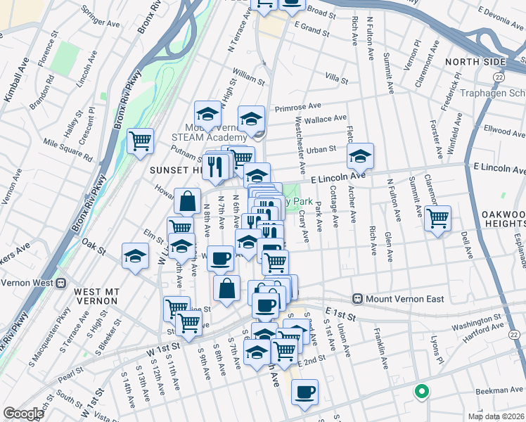 map of restaurants, bars, coffee shops, grocery stores, and more near 254 Gramatan Avenue in Mount Vernon