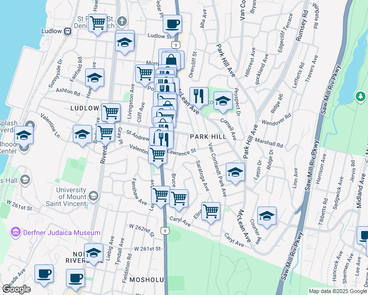 map of restaurants, bars, coffee shops, grocery stores, and more near 36 Radford Street in Yonkers