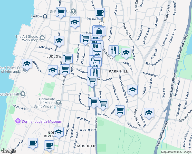 map of restaurants, bars, coffee shops, grocery stores, and more near 68 Radford Street in Yonkers