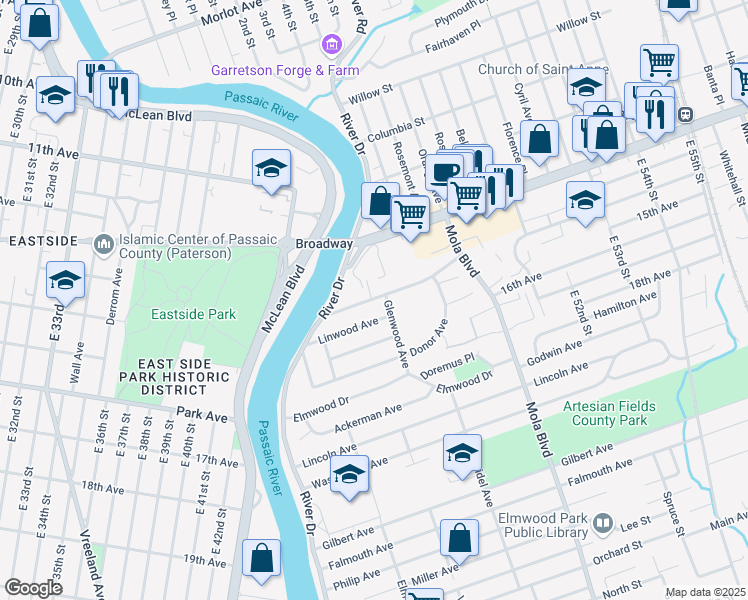map of restaurants, bars, coffee shops, grocery stores, and more near 39 Elmwood Terrace in Elmwood Park