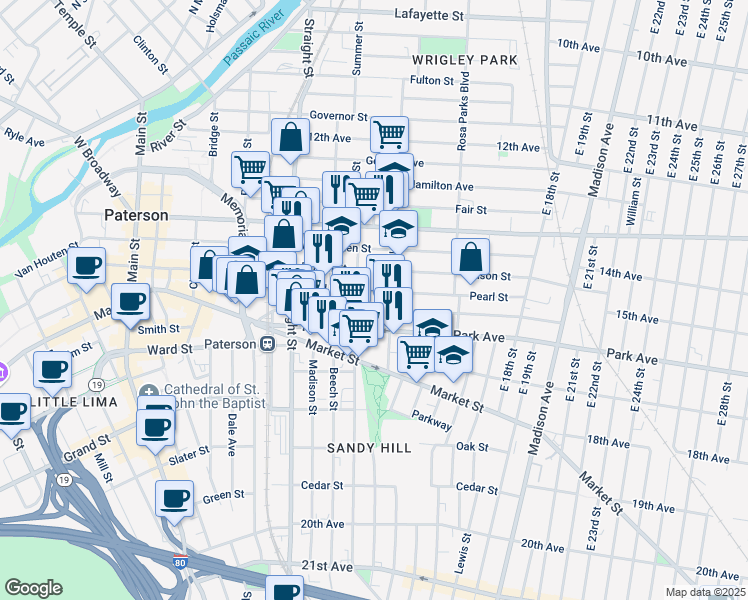 map of restaurants, bars, coffee shops, grocery stores, and more near in Paterson