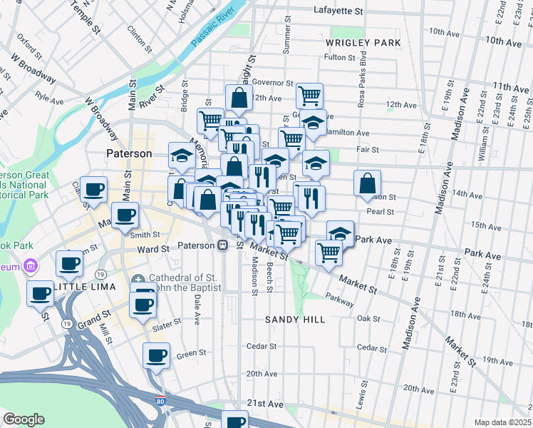 map of restaurants, bars, coffee shops, grocery stores, and more near 139 Auburn Street in Paterson