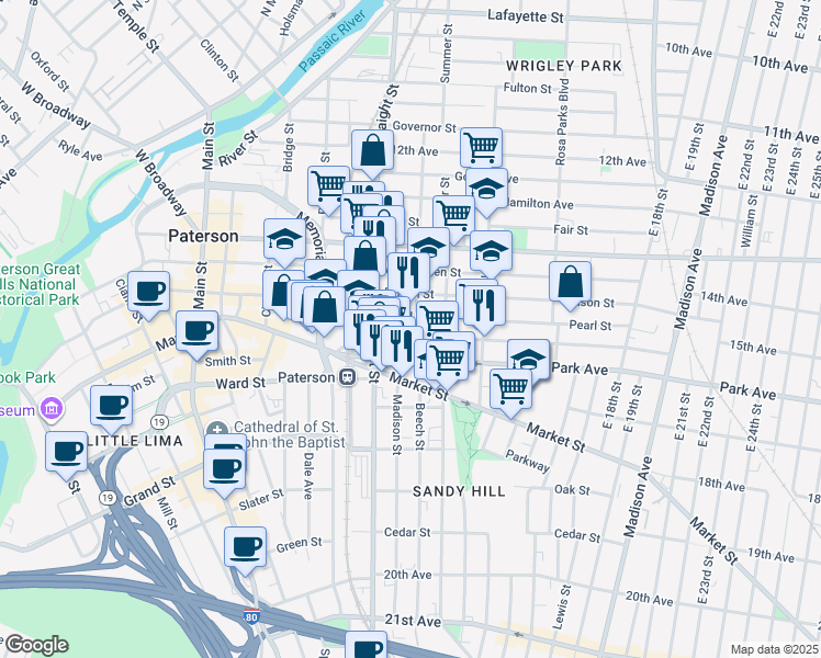 map of restaurants, bars, coffee shops, grocery stores, and more near 139 Auburn Street in Paterson