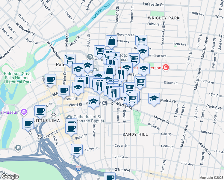 map of restaurants, bars, coffee shops, grocery stores, and more near 203-211 Straight Street in Paterson