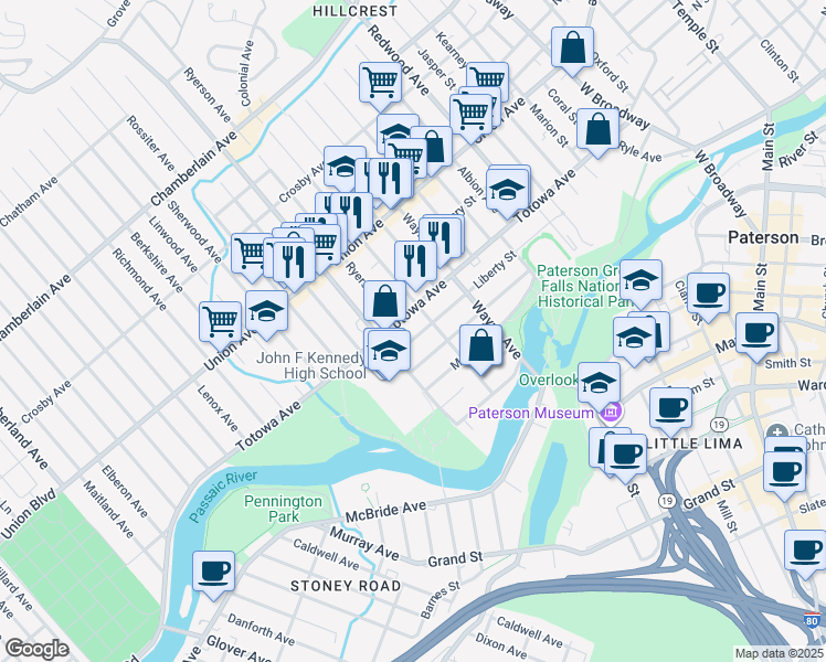 map of restaurants, bars, coffee shops, grocery stores, and more near 307 Totowa Avenue in Paterson