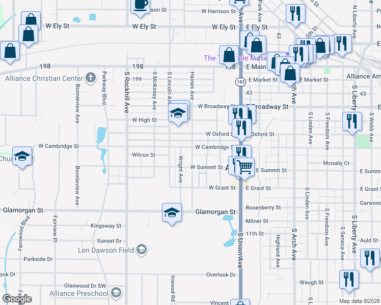 map of restaurants, bars, coffee shops, grocery stores, and more near 181 West Cambridge Street in Alliance