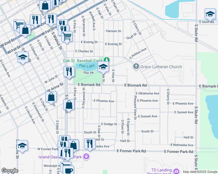 map of restaurants, bars, coffee shops, grocery stores, and more near 659 S Oak St in Grand Island