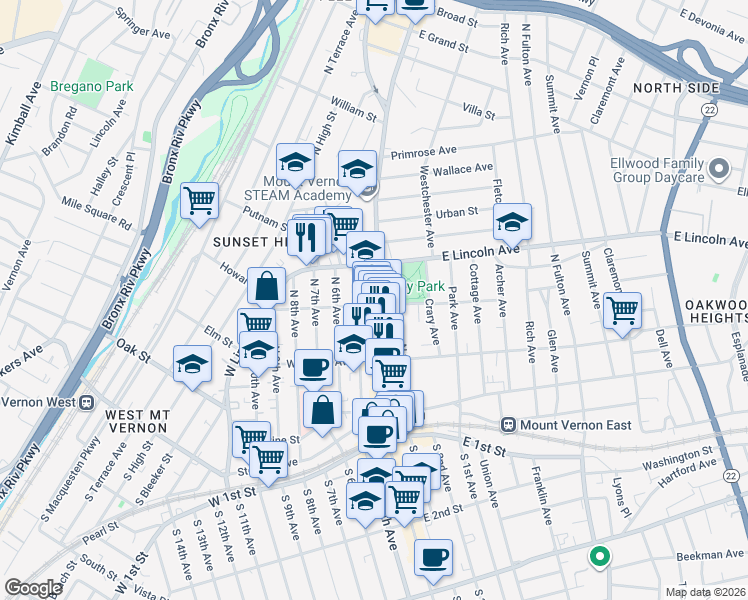 map of restaurants, bars, coffee shops, grocery stores, and more near 254 Gramatan Avenue in Mount Vernon