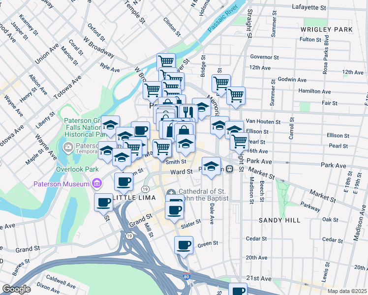 map of restaurants, bars, coffee shops, grocery stores, and more near 111 Washington Street in Paterson