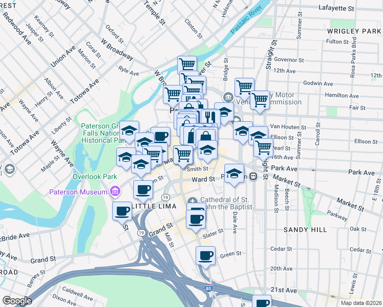 map of restaurants, bars, coffee shops, grocery stores, and more near 111 Washington Street in Paterson