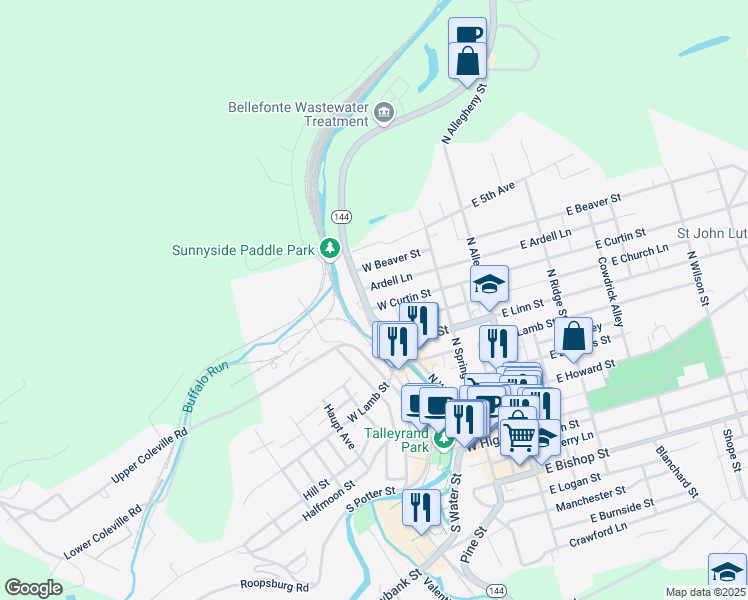 map of restaurants, bars, coffee shops, grocery stores, and more near 280 West Beaver Street in Bellefonte