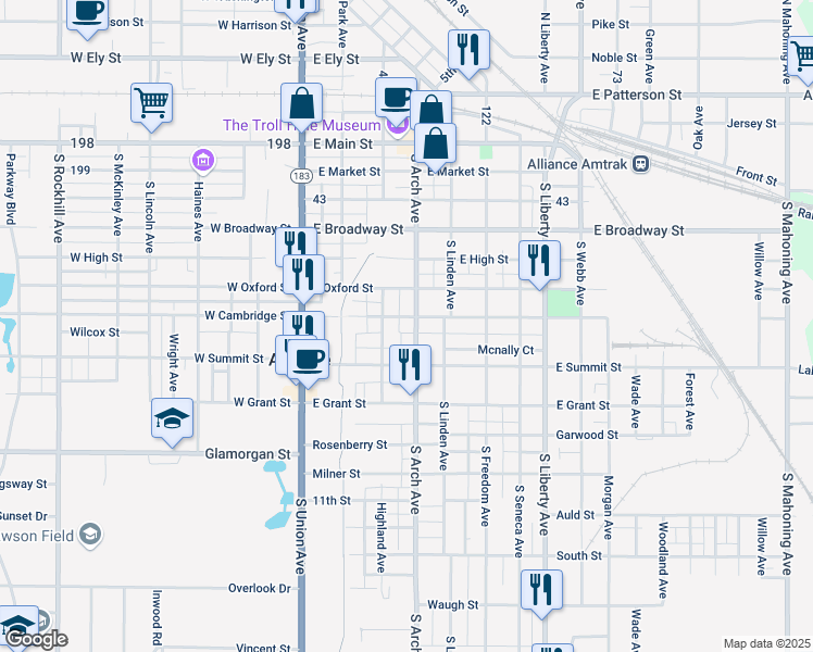 map of restaurants, bars, coffee shops, grocery stores, and more near 224 East Cambridge Street in Alliance