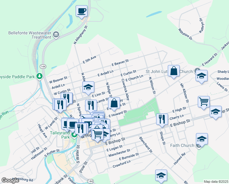 map of restaurants, bars, coffee shops, grocery stores, and more near 324 East Linn Street in Bellefonte