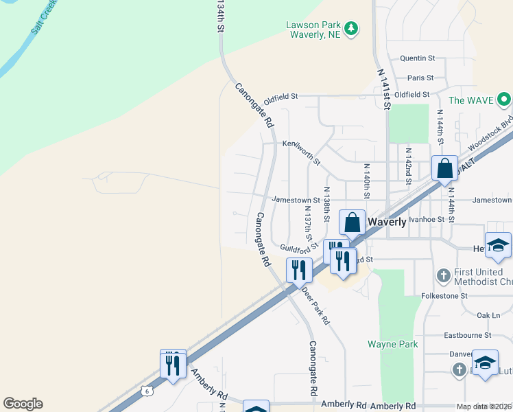 map of restaurants, bars, coffee shops, grocery stores, and more near 13430 Jamestown Street in Waverly