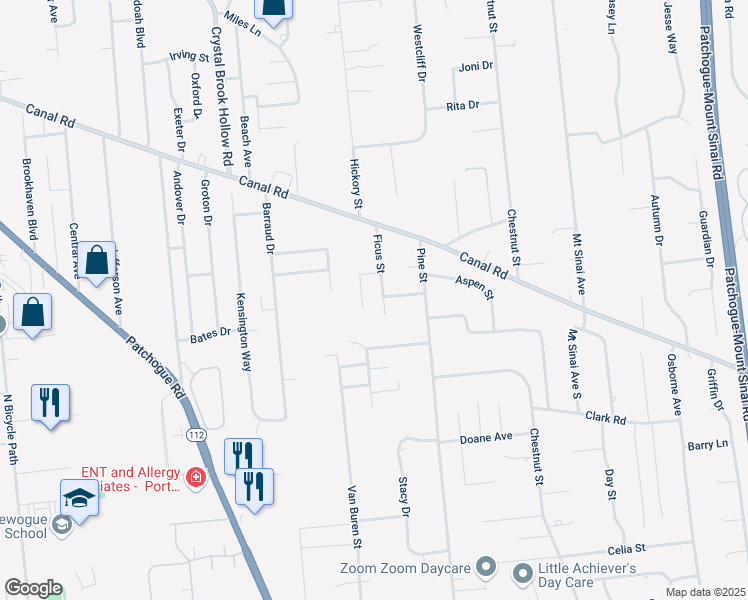 map of restaurants, bars, coffee shops, grocery stores, and more near 4 Lafayette Place in Port Jefferson Station