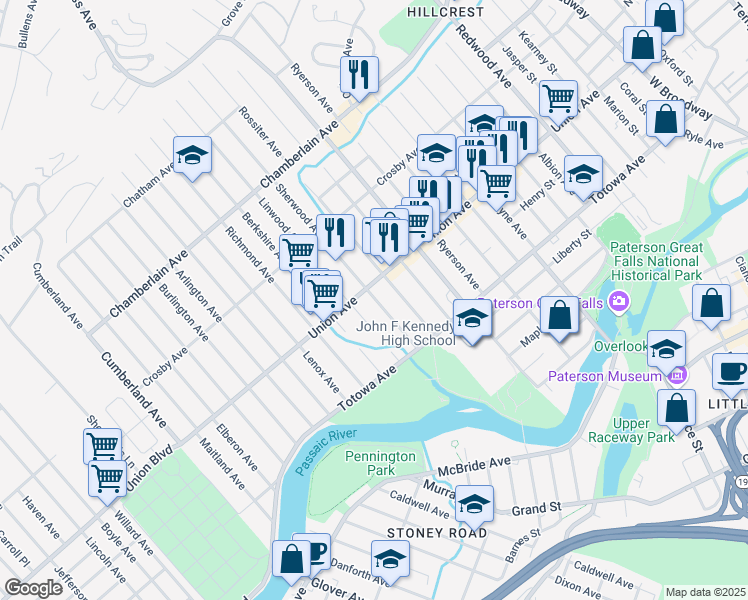 map of restaurants, bars, coffee shops, grocery stores, and more near 216 Union Avenue in Paterson